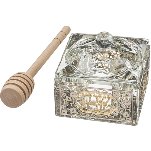 Elegant Crystal Honey Dish With Wooden Stick Art Judaica 1 unit