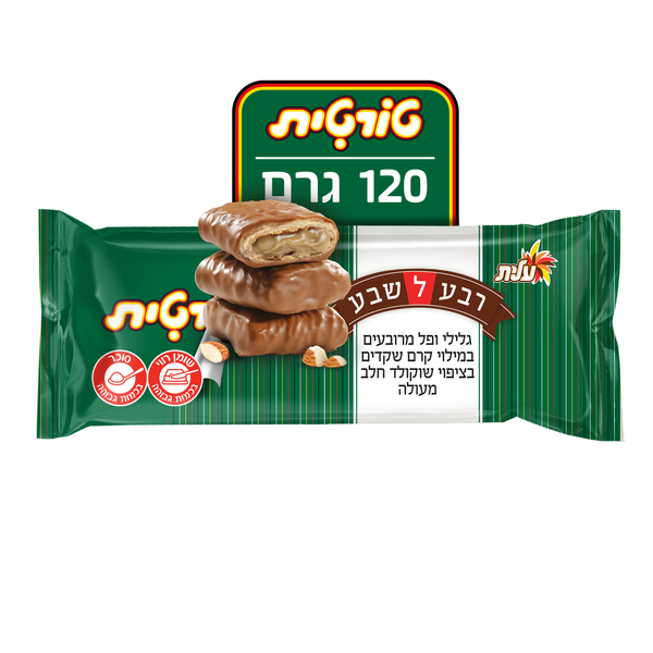 רבע לשבע טורטית גלילי וופל מרובעים במילוי קרם שקדים בציפוי שוקולד חלב עלית 120 גרם