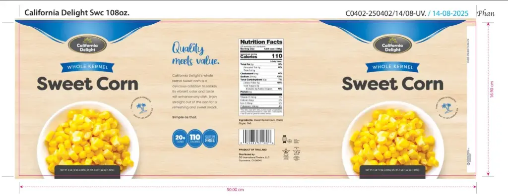 Canned Sweet Kernel Corn California Delight 2.950 kg