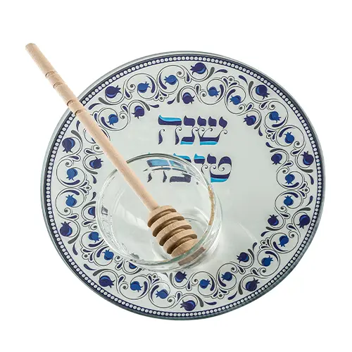 Glass Honey and Apple Serving Dish With Wooden Stick Art Judaica 1 unit