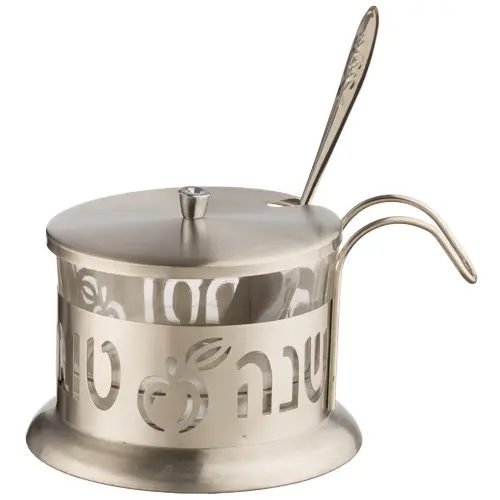 Stainless Steal Honey Dish With Wooden Spoon Art Judaica 1 unit
