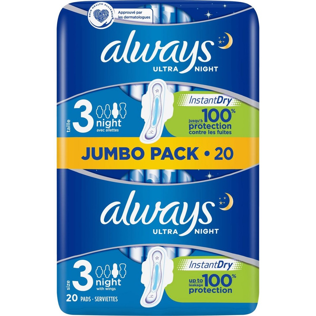 Ultra Night Pads With Wings Jumbo Pack Size 3 Allways 20 Units