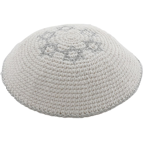 [JDC-0067] White Knitted Kippah 16 cm With Silver Magen David Art Judaica 1 Unit