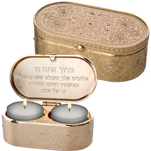 [JDC-0194] Travel Size Candlesticks Box For Shabbat Candles, Silver with Clear Stones 4x9cm Art Judaica 1 Unit